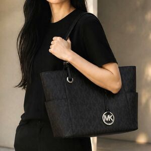 Michael Kors Jet Set MK Logo Pebbled Leather Tote Bag in Black